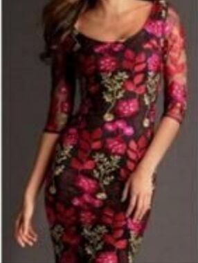 Alexia Admor Embroidered Floral Black Dress with Red & Gold Accents